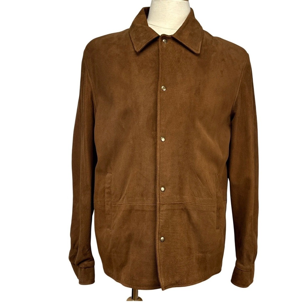 Brown‎ Suede Leather Snap Front w/ Pockets Mens Jacket Size L